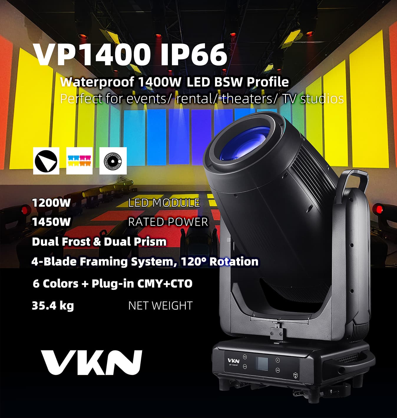 VP1400 IP66 | Cabeça Móvel de Perfil LED 4 em 1 de Alto Desempenho IP66